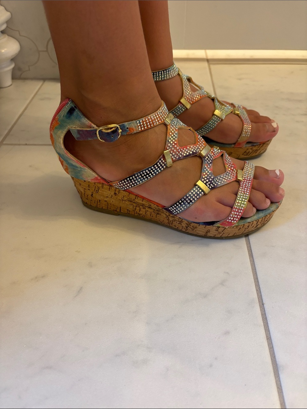 Steve Madden size 2 Rhinestone Multi-Color Cork Wedge Sandals
